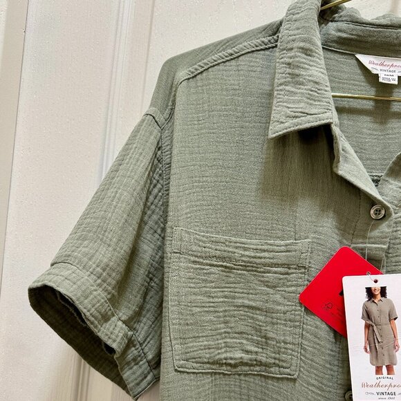 New Weatherproof Women's Gauze Midi Dress Size M Green Adjustable Belt At Waist - Picture 3 of 14